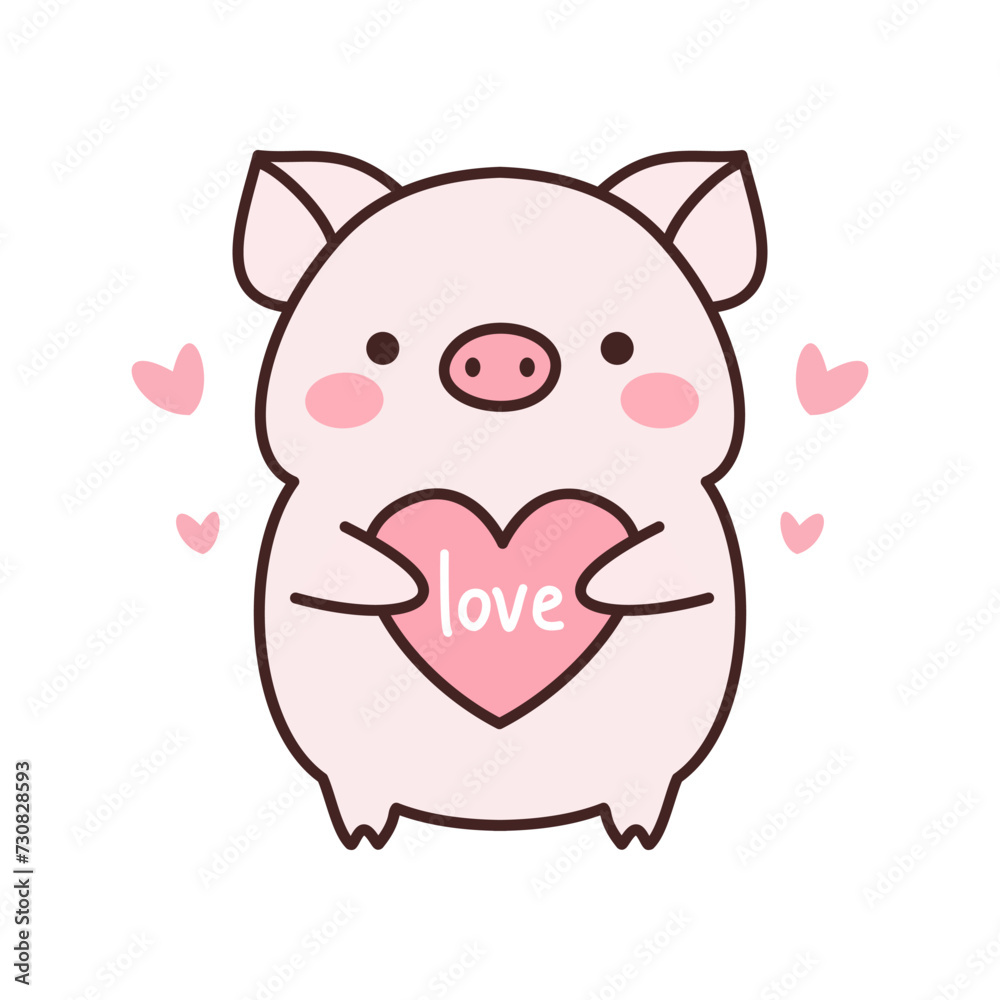Cute pig with heart and text love. Vector illustration.