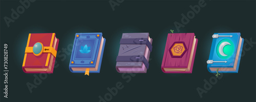 magic books. fantasy potion fairytale ancient mystic medieval books collection, mystery game asset cartoon concept. vector cartoon items set.