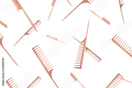Professional hair combs isolated on white background. Hairbrush isolated. Flying combs. Falling combs. photo