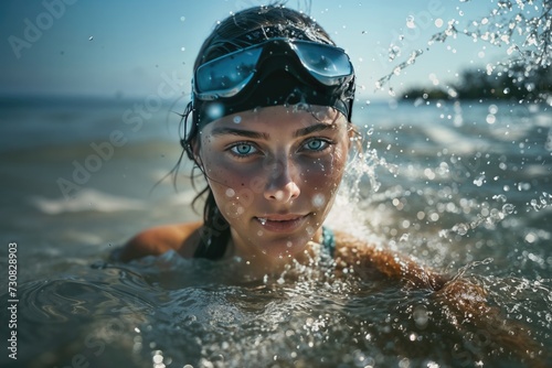 a woman in a swim cap is swimming in the water