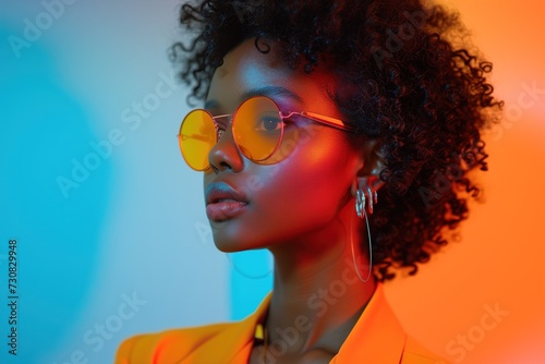 An African American woman wearing yellow glasses and a yellow shirt poses for a fashion portrait