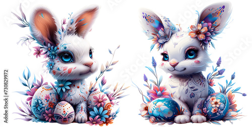 Cute bunny with easter eggs and spring flowers. Vivid colours. Clipart, png