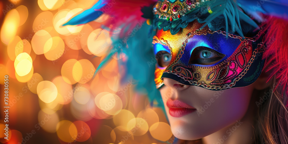 A woman's profile is adorned with a vibrant, feathered carnival mask, her face partly veiled in mystery against a backdrop of warm bokeh lights.
