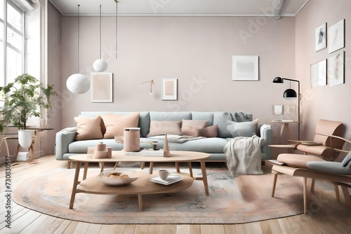 Visualize a chic Scandinavian living space, adorned with a minimalist sofa and coffee table, bathed in a palette of soft pastels, and an empty wall inviting you to infuse your unique style.
