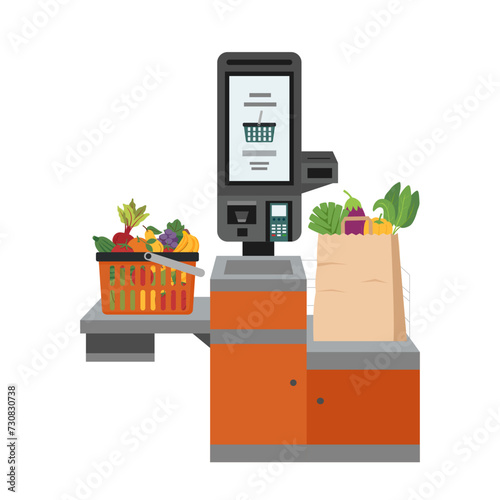 Self-service checkout with shopping bag and shopping basket full of food in the supermarket isolated on white. Self-service and self payment terminal. Contactless payment.