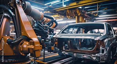A robot arm works in a factory that assembles lithium or sodium batteries used in electric cars. photo