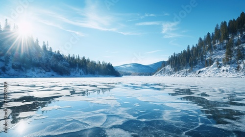 Blue ice and cracks on the surface of the ice. Frozen lake under a blue sky in the winter. The hills of pines. Winter. Carpathian. copy space for text. © Naknakhone