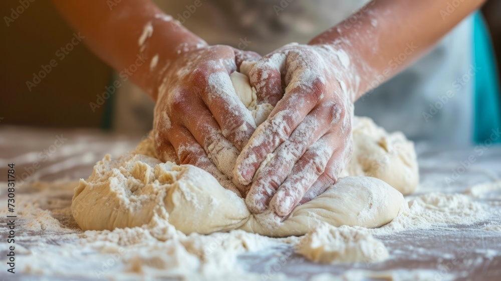 hands kneading dough.