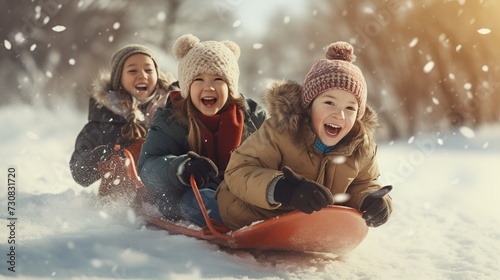 group of happy little kids sliding on sleds down snow hill in winter over forest background. copy space for text.
