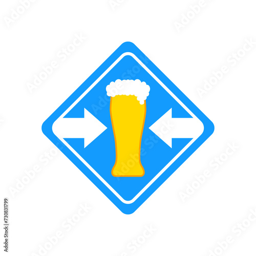 Glass of beer and road sign with arrows. Vector drawing.