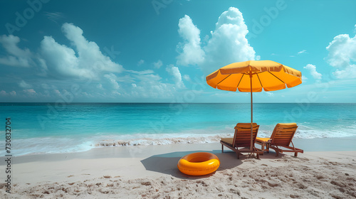 Beach scene with umbrella and orange chairs and peaceful ocean views under a sunny sky.