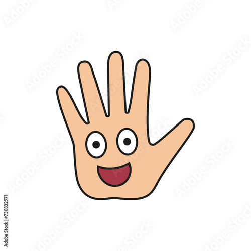 Palm of a hand with a cartoon laughing cheerful smiling face inside. Color vector illustration.
