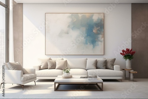 Contemporary furnished living area with wall decor and blank mock up banner. Generative AI