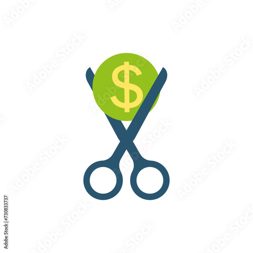 Scissors cutting a dollar sign. Colored vector with money and coin.