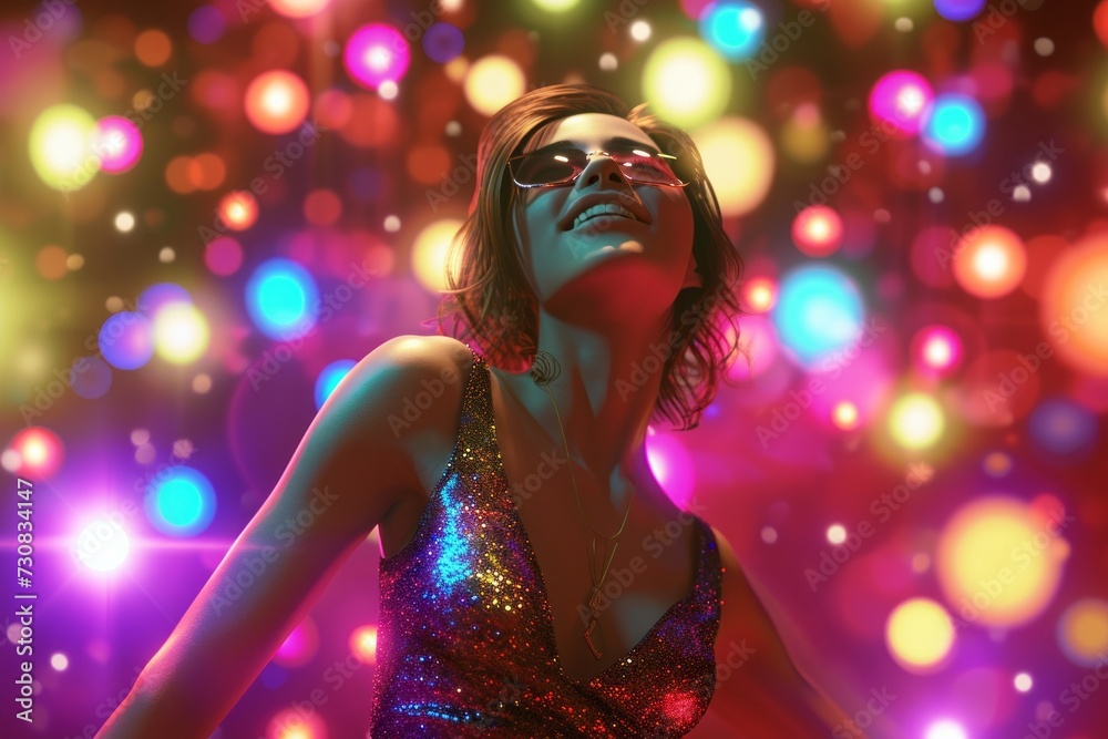 Woman enjoying a vibrant party atmosphere with colorful bokeh lights.