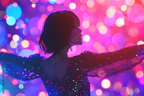 Silhouette of a woman dancing, colorful bokeh lights background.