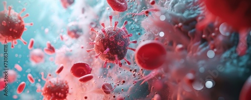3D illustration of virus attacking red blood cells. Virus and bacteria cells. Microscopic view of virus infecting human cells.