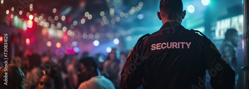 A security guard stands watch over a crowded nightclub. photo