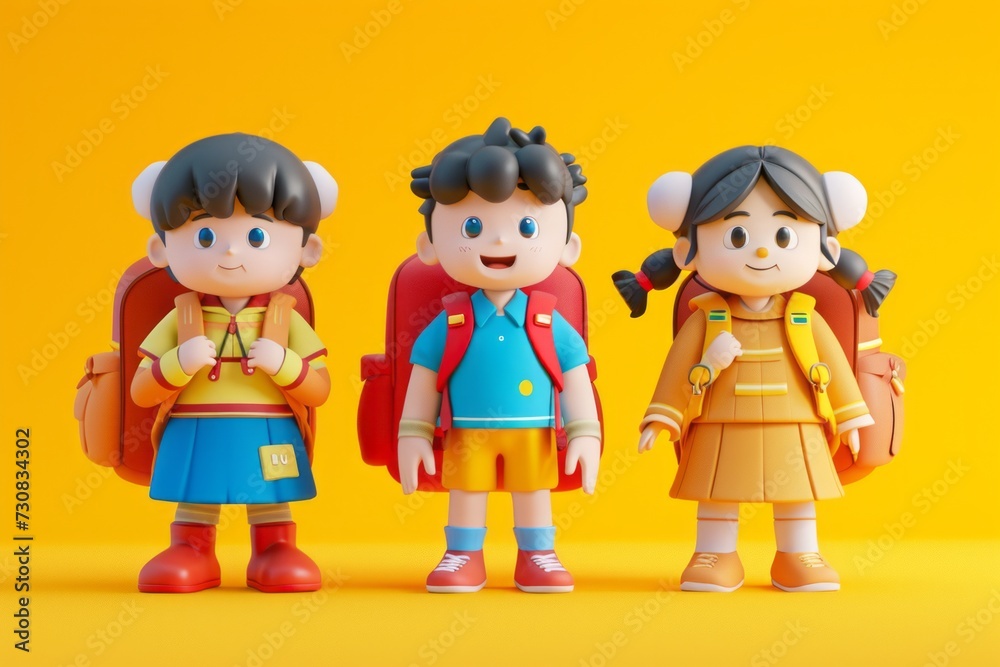 Three cartoon-style schoolgirl figures with backpacks on a yellow background. Three cartoon-style schoolgirl figures with backpacks on a yellow background.