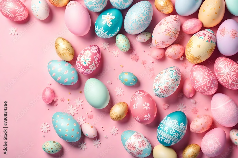 Delicate pastel pink background adorned with vibrant Easter eggs and fluffy flakes, offering ample space for enchanting text.