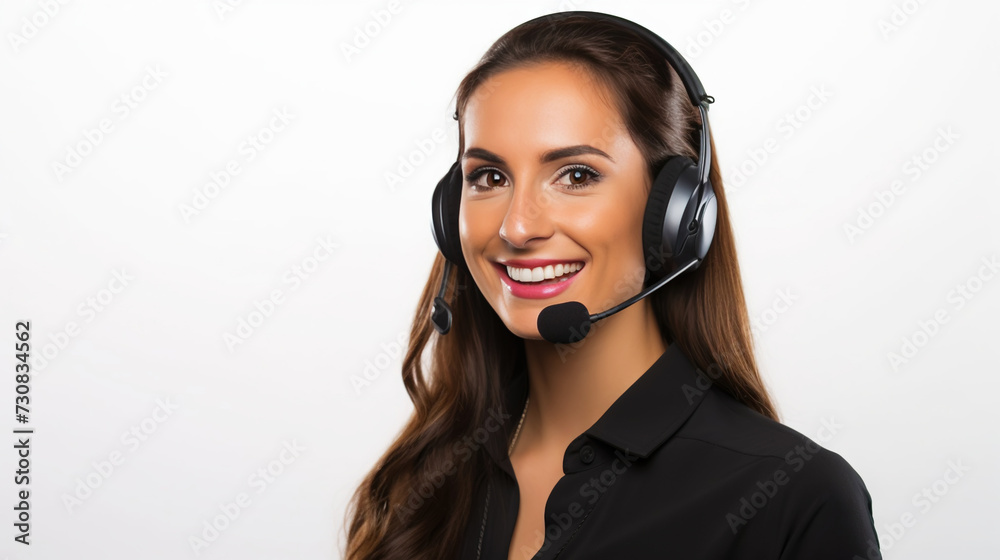 Beautiful female customer service representative in headset consulting clients online. Call center agent. Generative AI Beautiful female customer service representative in headset consulting clients online. Call center agent. Generative AI