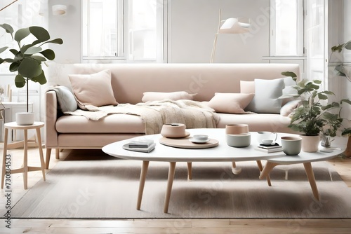 Serene Scandinavian-inspired space  adorned with a contemporary sofa and coffee table  creating a tranquil ambiance in pastel tones.