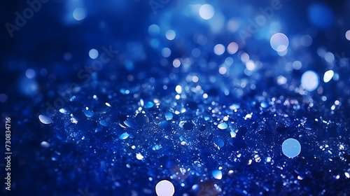 Sapphire glitter bokeh background. Unfocused shimmer royal blue sparkle. Crystal droplets wallpaper 