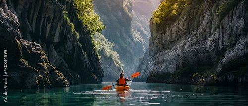 une personne fait du kayak dans des gorges - vu de dos