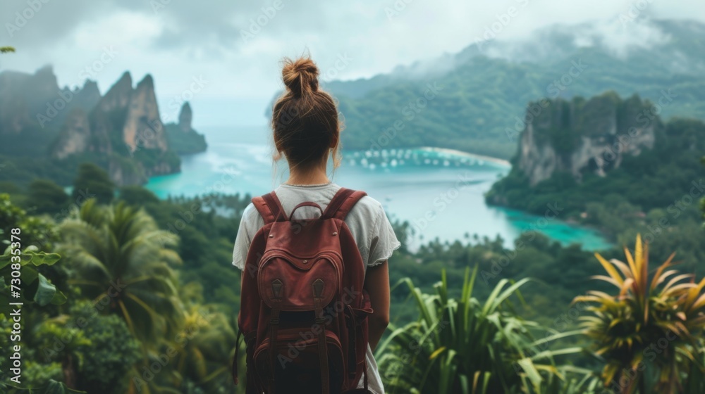 Fototapeta premium A young woman stands with her back and admires the view of the azure sea and mountains. A person traveling on vacation in the most beautiful place in the world