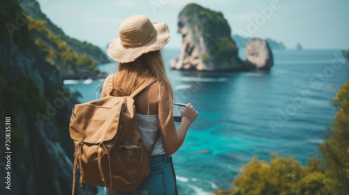 A young woman stands with her back and admires the view of the azure sea and mountains. A person traveling on vacation in the most beautiful place in the world © Vladimir