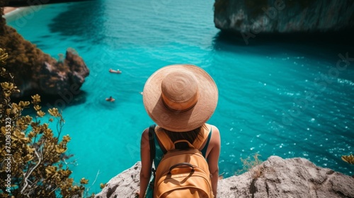 A young woman stands with her back and admires the view of the azure sea and mountains. A person traveling on vacation in the most beautiful place in the world