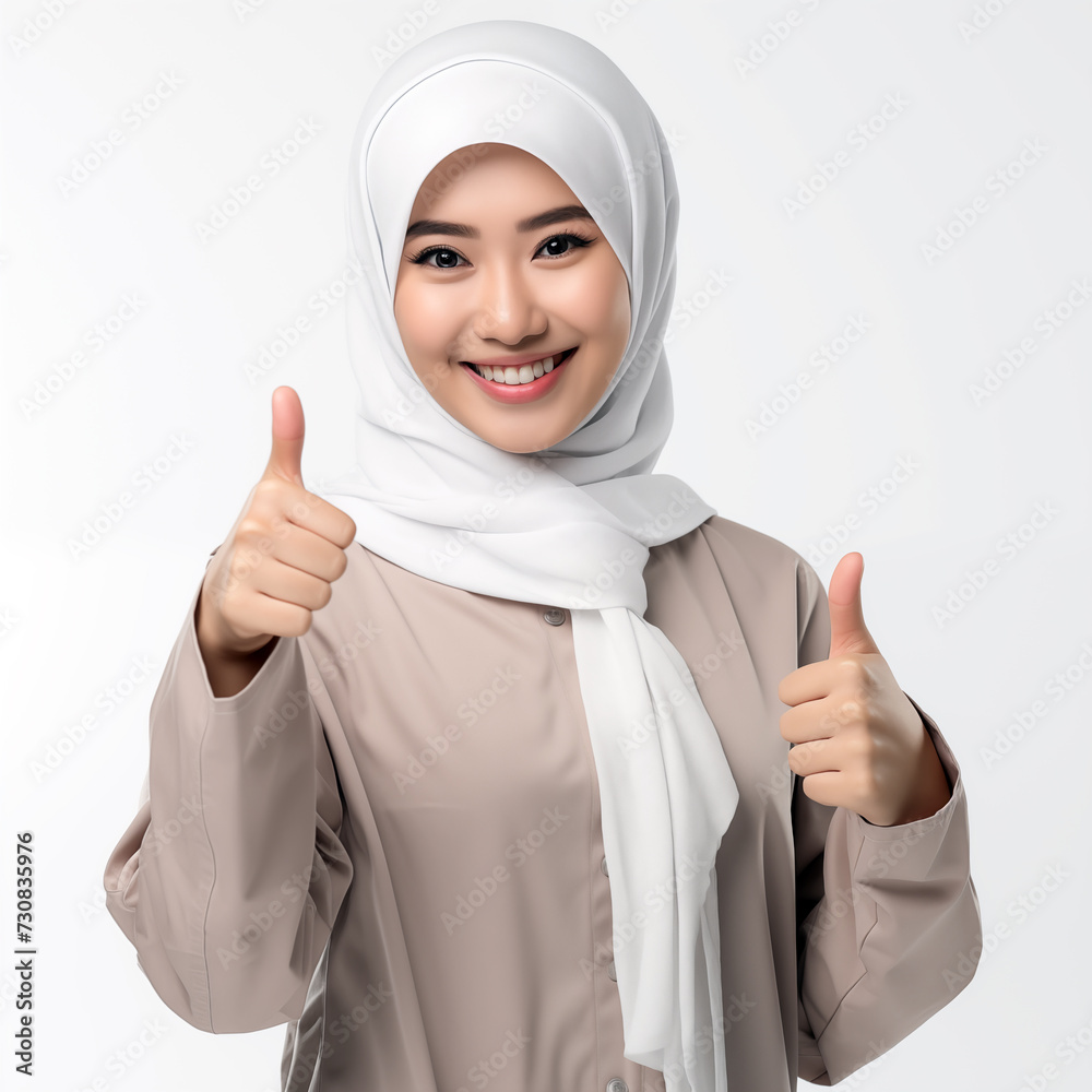 Asian young female doctor hijab standing pose with thumbs up Asian young female doctor hijab standing pose with thumbs up