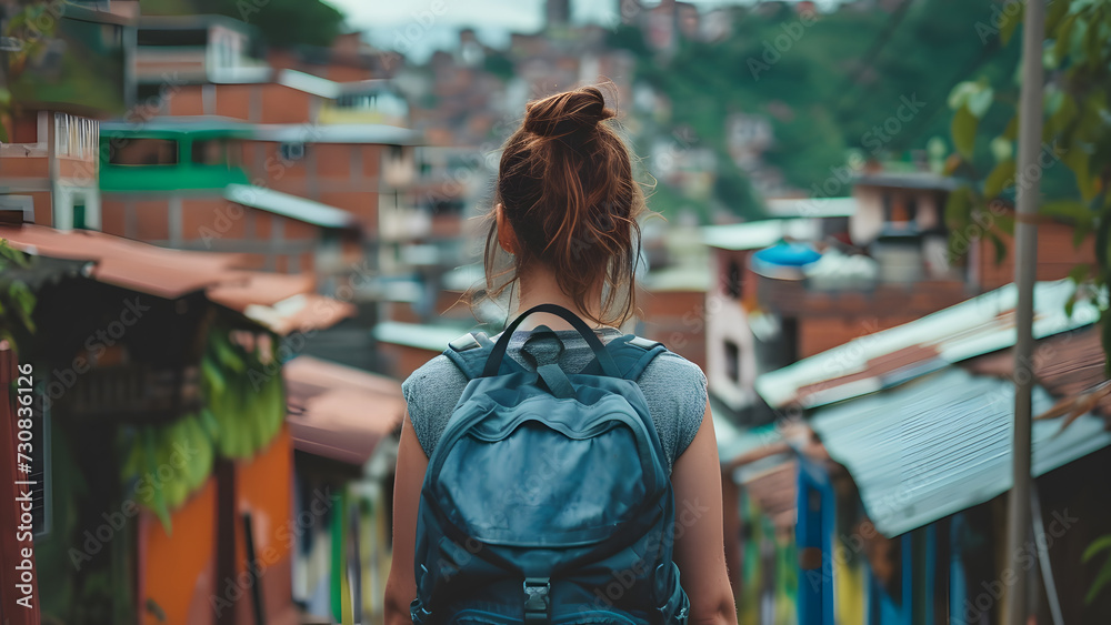 Rear view of stylish female tourist carrying a backpack walking on the street. Young female traveler with backpack on her back explores historical places.