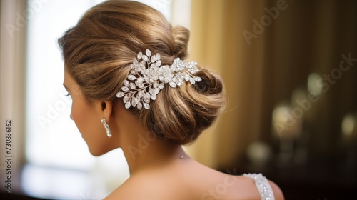 Exquisite hair adornments gracefully enhance the bride's beauty, featuring elegant accessories that add a touch of sophistication and charm, completing her bridal ensemble with timeless allure.