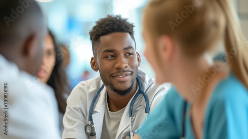 Diverse team of young healthcare professionals engages in collaborative discussions, highlighting teamwork, diversity, and effective collaboration, shaping exemplary patient care.