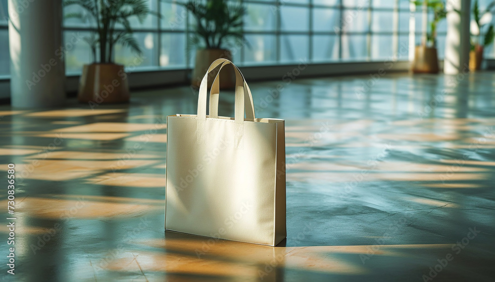 Mockup white shopper tote bag handbag in luxury room interior background. Copy space shopping eco reusable bag. Grocery accessories. Template blank cotton material canvas cloth. Tote bag mockup.