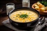 cheese soup closeup with croutons served on a table for lunch or dinner