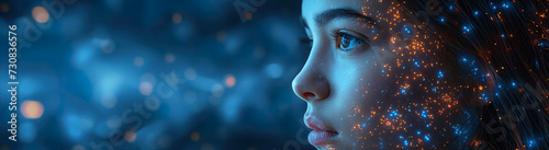 An abstract image with a girl face and gradient of blue hues and sparkling lights transitioning into a pattern of illuminated lines and dots.