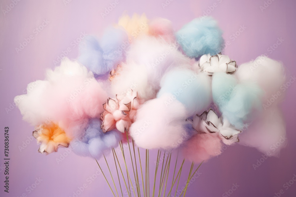 diy fuzzy fabric cotton candy pink, blue and yellow  flowers bouquet  decoration isolated on pastel background. Birthday party, easter festive decor.