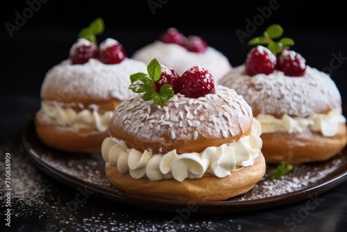 Semla buns - traditional Swedish eclair dessert with cream popular in Scandinavian countries at fika coffee break