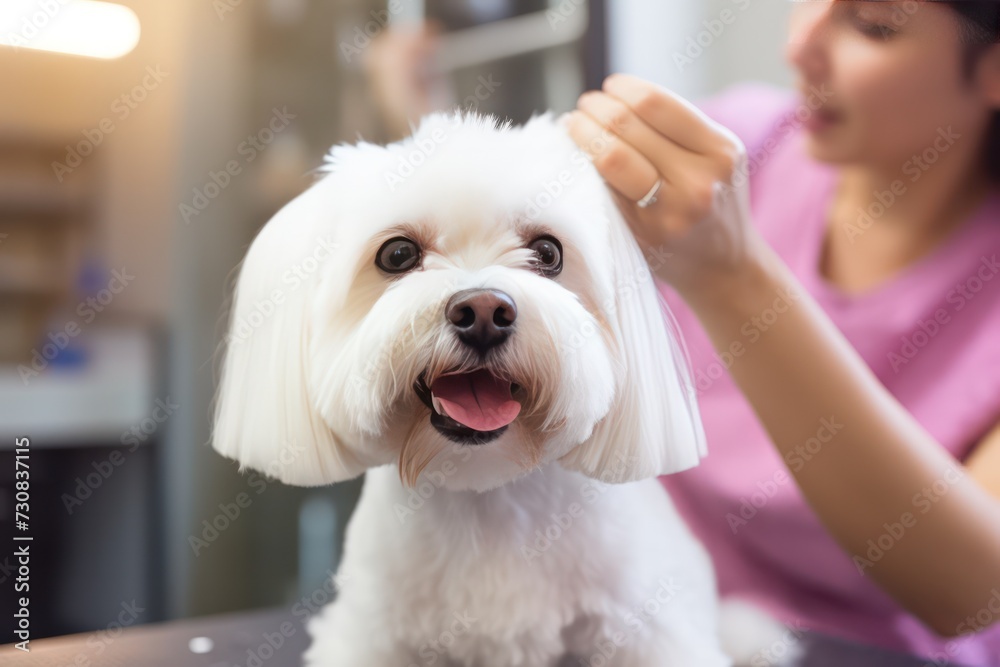 white cute Maltese puppy dog being groomed at grooming salon. Beauty care for pets and dogs. white cute Maltese puppy dog being groomed at grooming salon. Beauty care for pets and dogs.