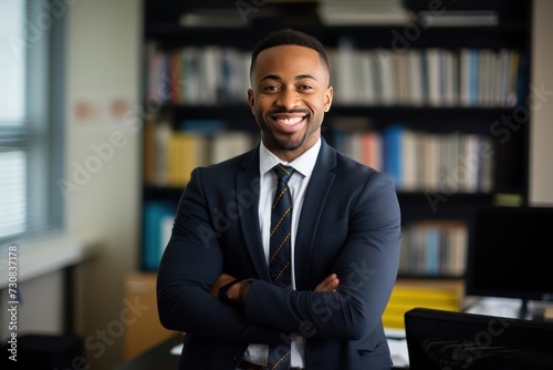 diverse young adult male school principal in his modern office smiling. Education career and staff.