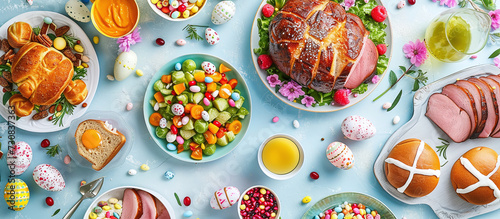 Traditional Easter dinner or brunch with ham, eggs, hot cross buns, pie and vegetables. Easter dishes with festive decor