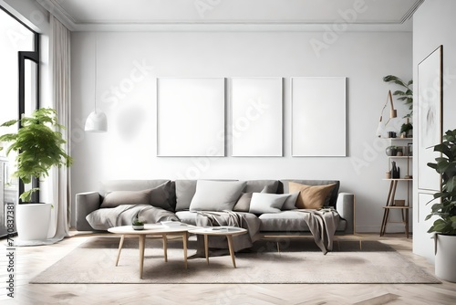 Experience the essence of contemporary living  captured in a minimalist room with a Scandinavian flair  an empty wall mockup  and a white blank frame as a focal point.