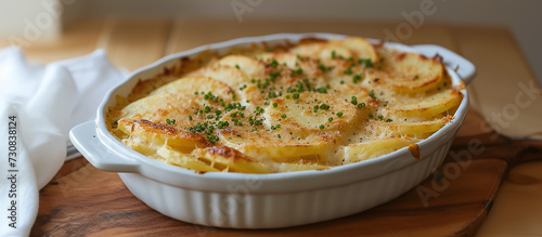 Potato scallops: Layers of thinly sliced ​​potatoes baked in a creamy sauce made from milk, cheese and butter.