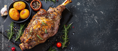 Roast lamb is a traditional Easter dish, the leg of lamb is seasoned with garlic, rosemary, salt and pepper.