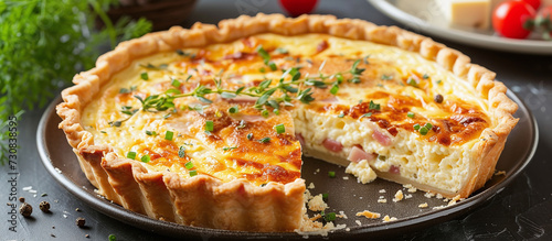 Quiche is a savory pie consisting of a pastry crust filled with a custard of eggs and cream  as well as various ingredients such as cheese  vegetables  and meat.