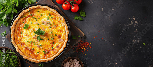Quiche is a savory pie consisting of a pastry crust filled with a custard of eggs and cream, as well as various ingredients such as cheese, vegetables, and meat. photo