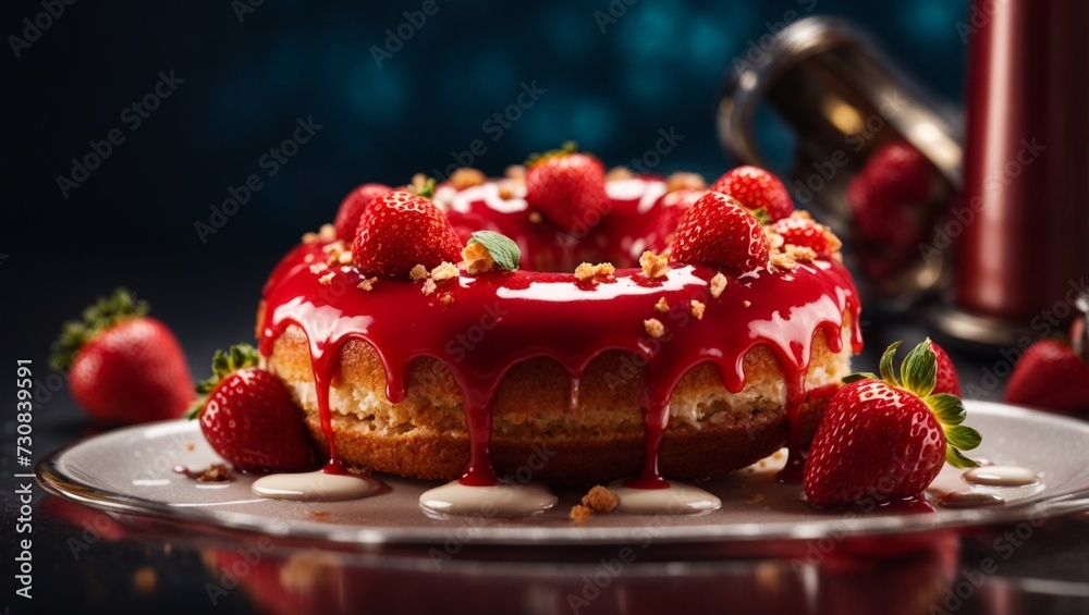 Glazed strawberry doughnut, cinematic donut dessert food photography, studio lighting and background