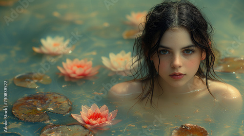 Portrait of young nymphae in the water between water lilies photo